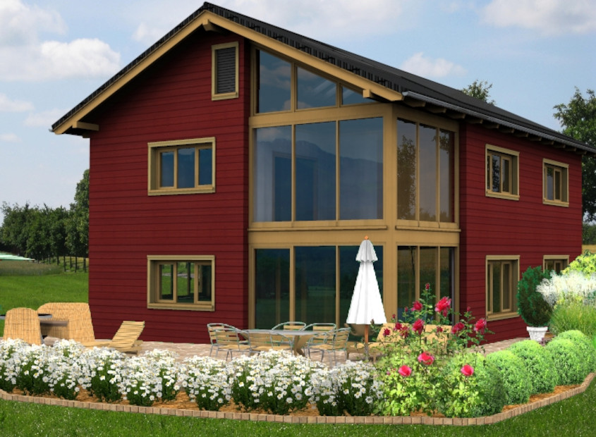 Holzhaus 180H20 &ndash; modernes Haus mit 2 Vollgeschossen, gro&szlig;er Glasfassade am Giebel, Balkon und Blumenbeeten im Garten.